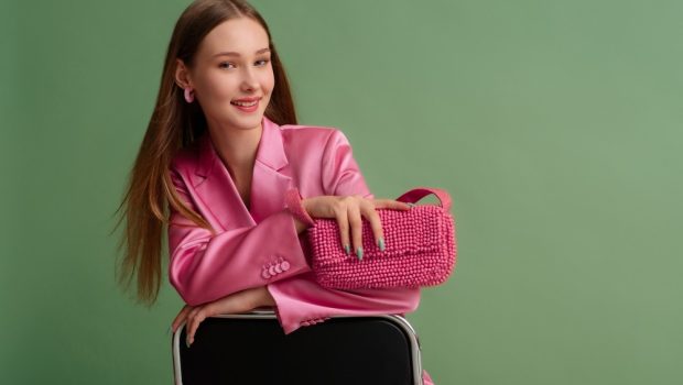 Fashionable,Beautiful,Happy,Smiling,Woman,Wearing,Trendy,Pink,Satin,Suit
